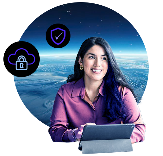 founder at workstation with space background and security icons