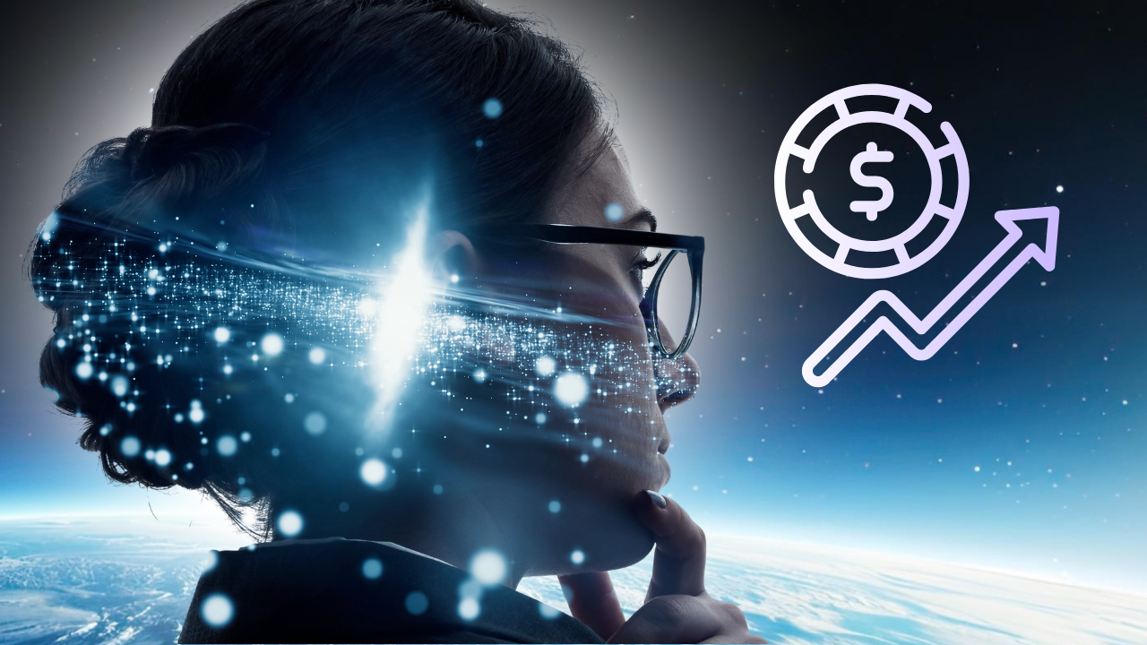 woman thinking with abstract AI design superimposed on her head and a increasing revenue symbol on top of the night sky above planet earth