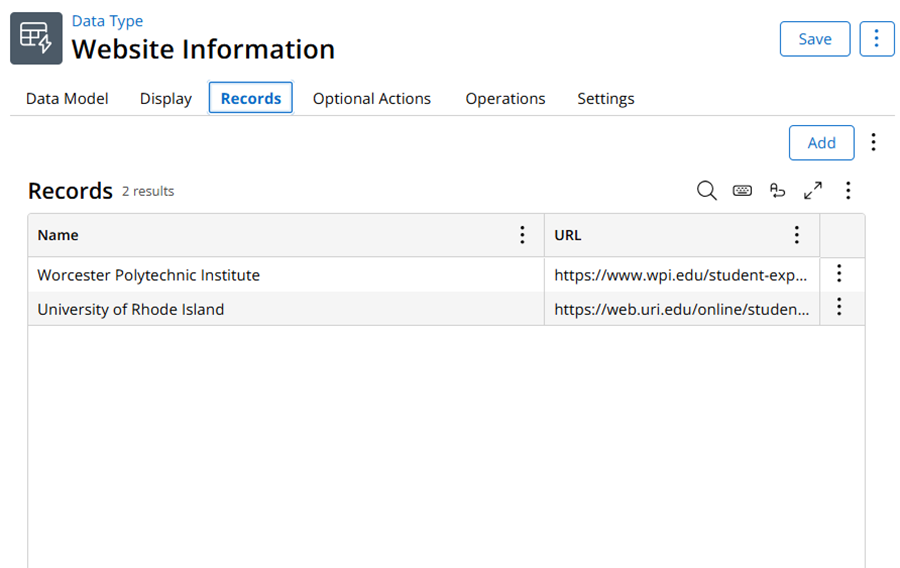 creating data type to store website info