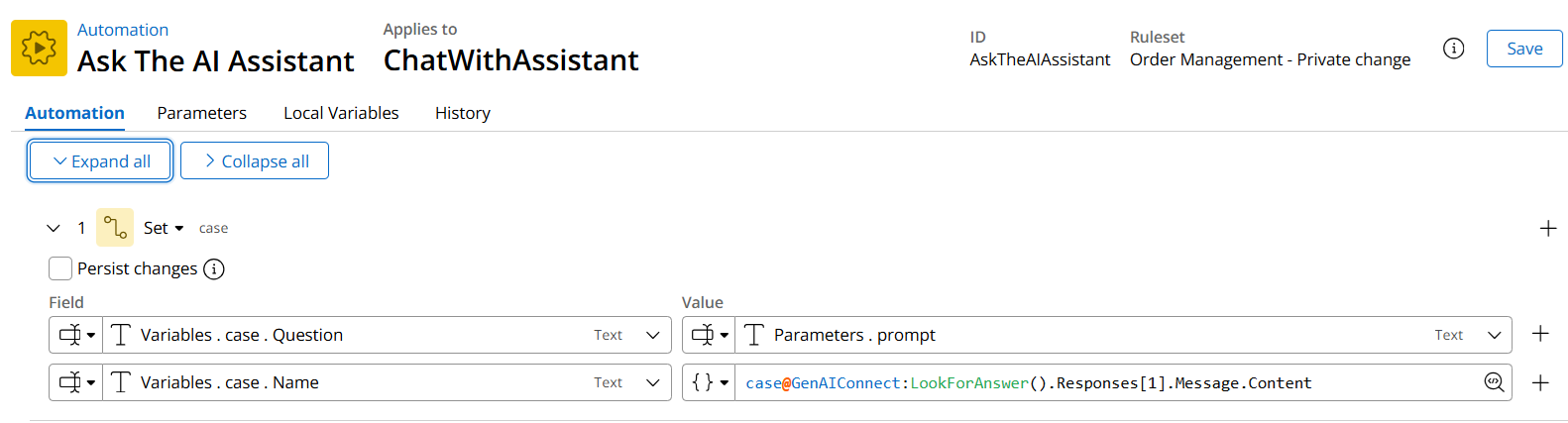 data page for automation rule