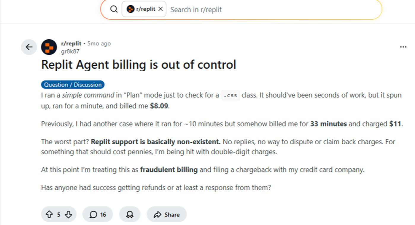 Reddit post titled Replit agent billing is out of control