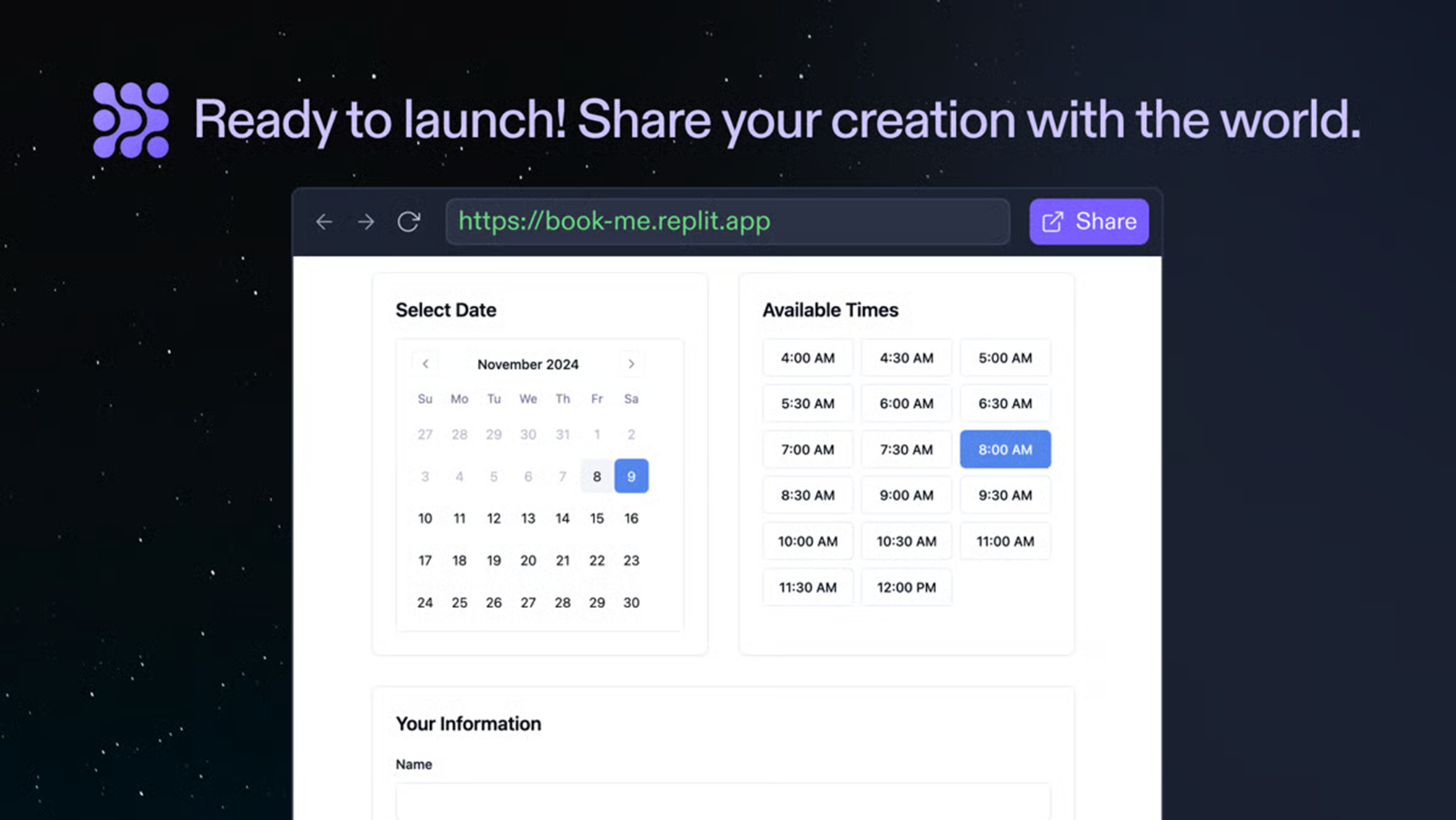 Replit image with booking app