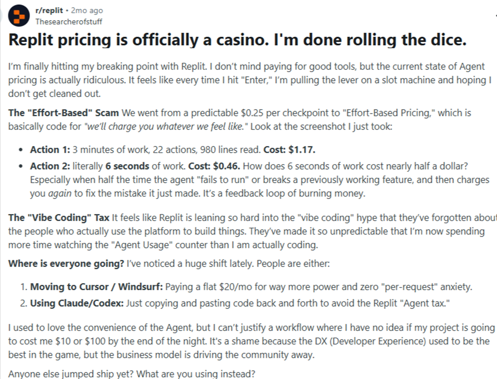Reddit post titled Replit pricing is a casino