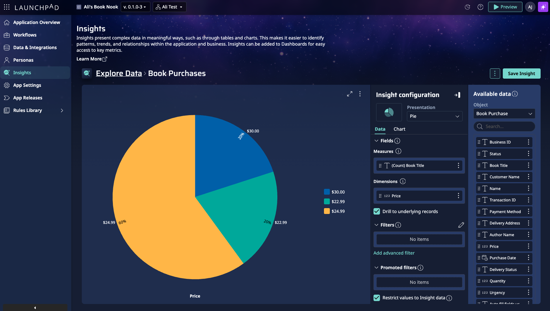 Seeing real data while authoring insights in Launchpad